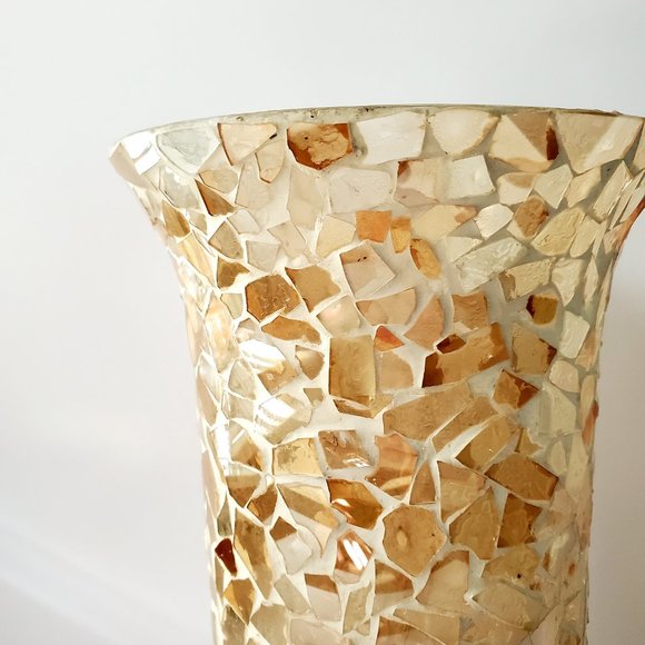 Elegant Tall Mosaic Glass Vase Neutral White Gold Cream Multi Colour Footed chic - Picture 5 of 8